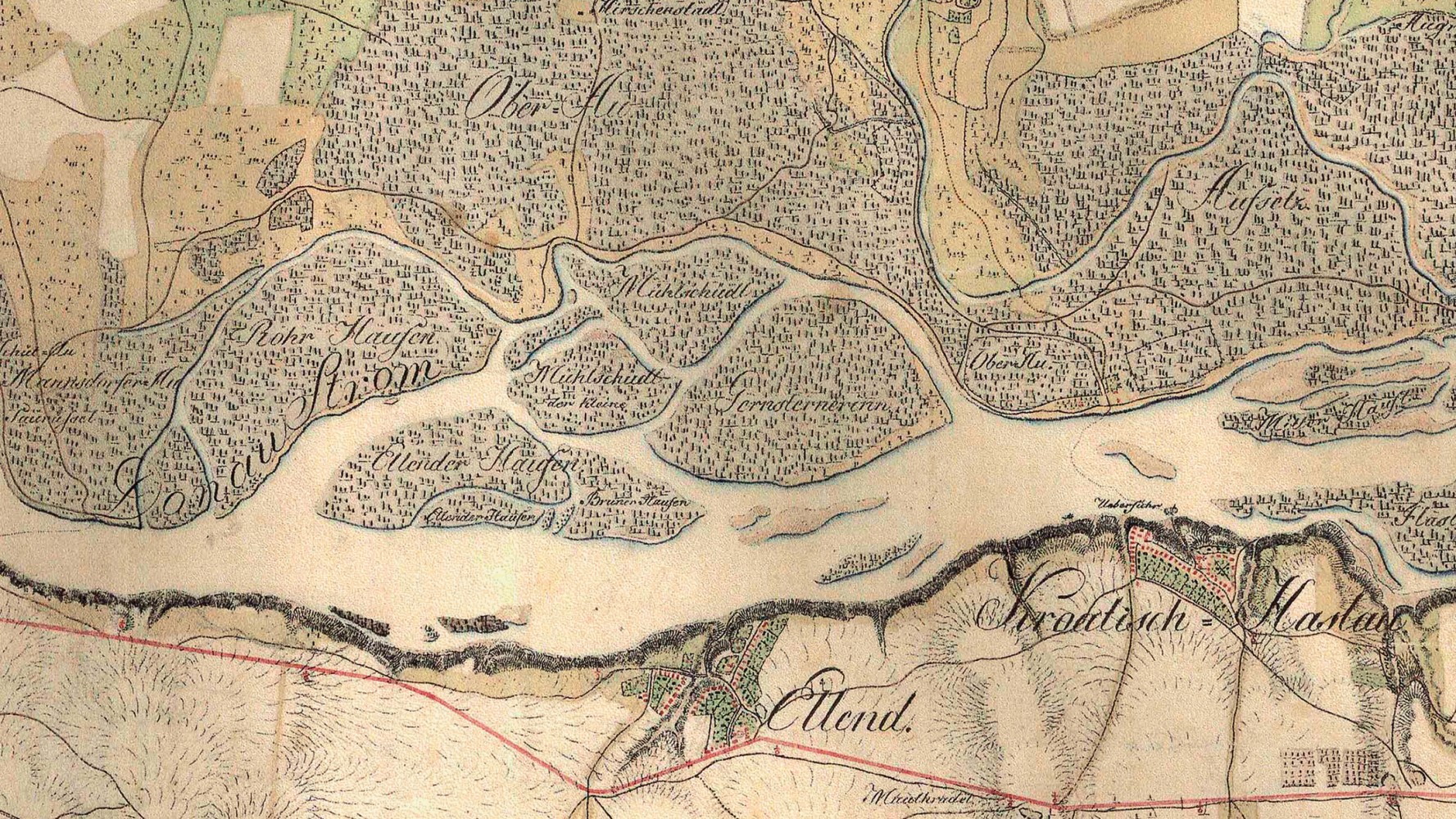 Historische Karte der verzweigten Donaulandschaft